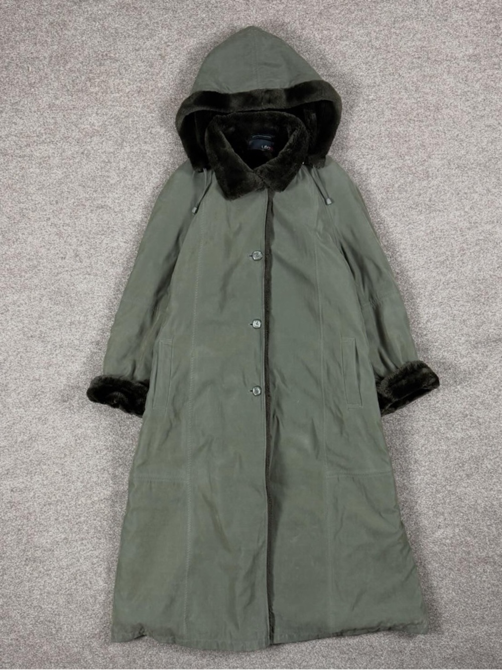 Vintage Utex Green Microsuede Fur Lined Long Coat Women’s XL Removable Hood Y2K